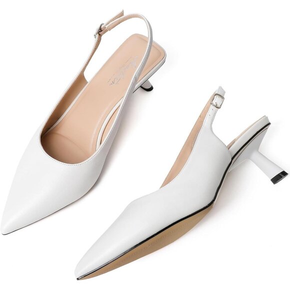 Mostrin Kitten Heel White Faux Leather Low Slingback Heels with Buckle - Picture 3 of 9